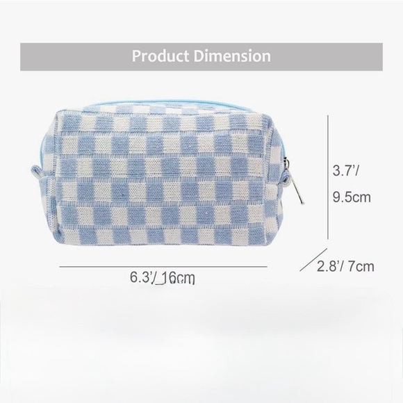 NWOT Blue White Checkered Knit Cosmetic Bag - Picture 2 of 8
